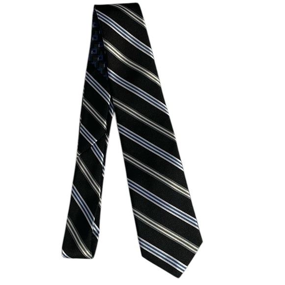 Egara 100% silk black tie with white, blue and silver stripes.‎ New with tags. - Picture 1 of 4